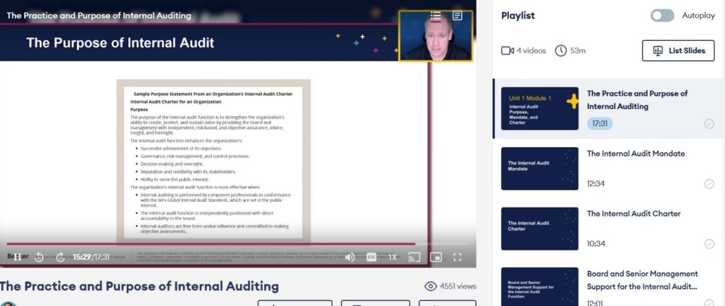 The Becker CIA video interface includes videos between 10 and 15 minutes with professional slides and lecture audio.