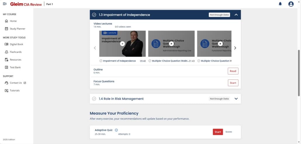 Gleim CIA has a streamlined structure, with a main video, multiple-choice question walkthrough videos, a brief outline, and focus questions. 